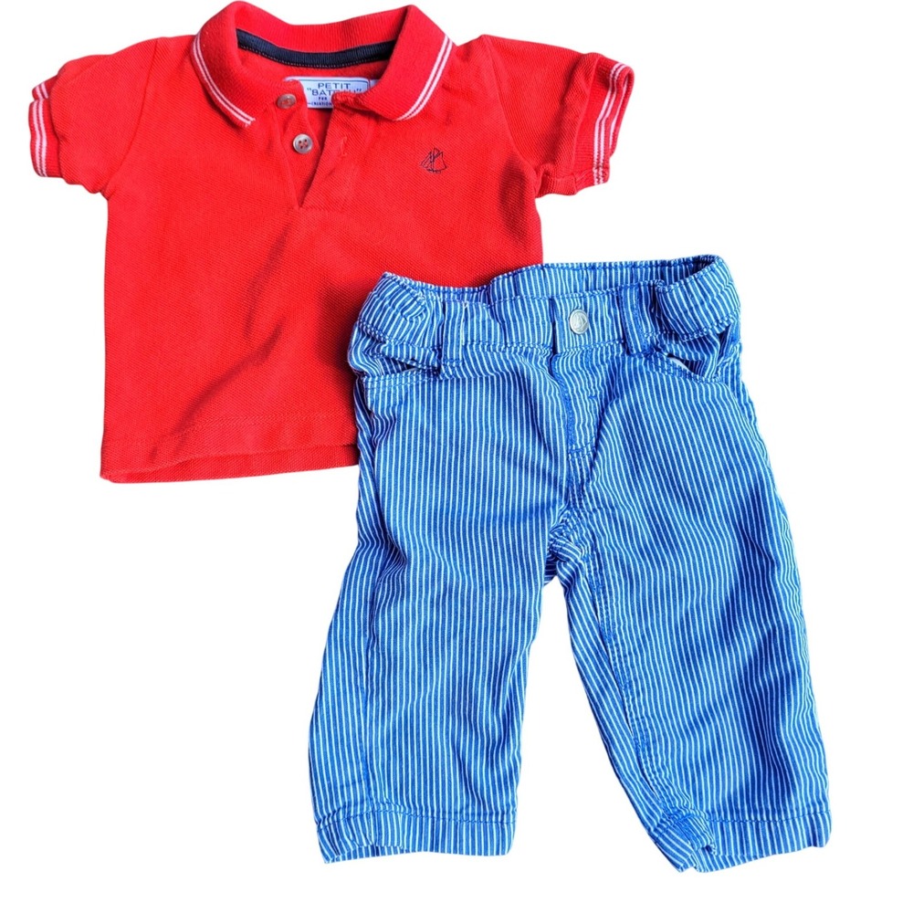 Petit‎ Bateau Outfit Set Red Polo Blue Striped Pants 3M Nautical Baby Boy 2pc